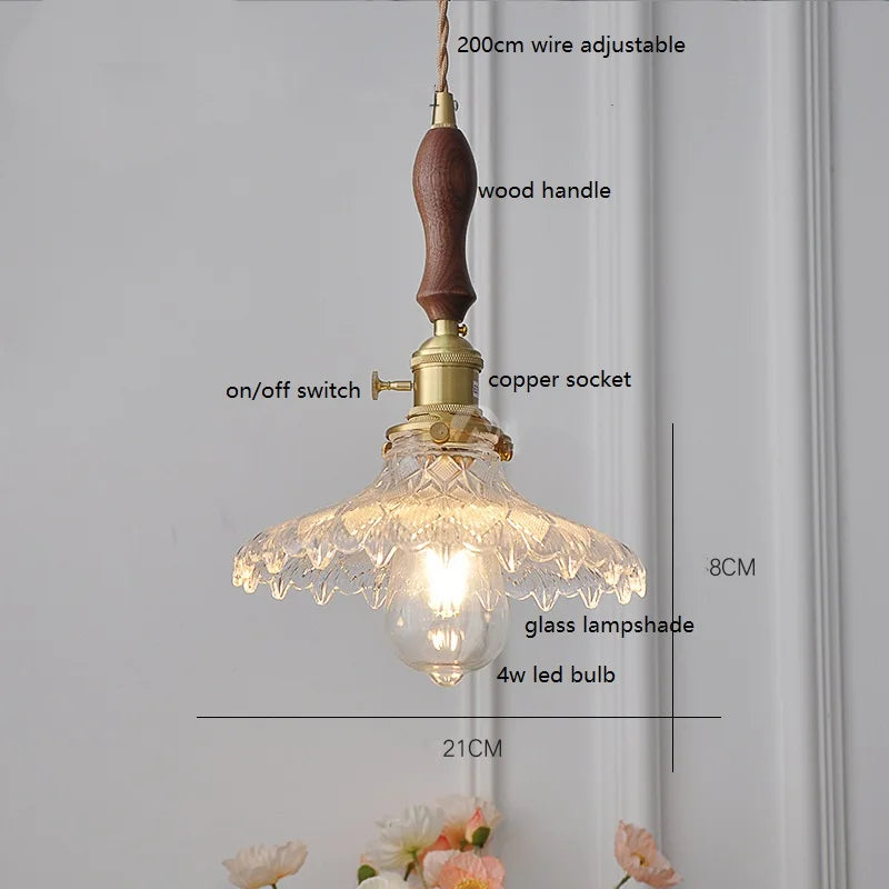DecorBites™ Green Glass LED Pendant Lamp with Copper Wood Handle for Modern Nordic Home Decor