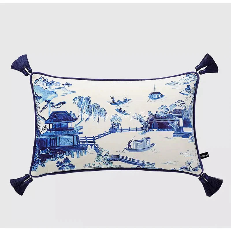 DecorBites™ Indigo Blue Dragon Velvet Pillow Cover 60x60cm Eclectic Style Home Decor