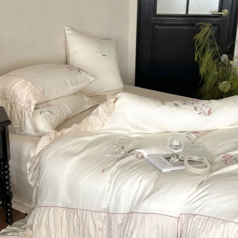 DecorBites™ Embroidered Lace Princess Bedding Set - 4 Piece Cotton Flowers Collection