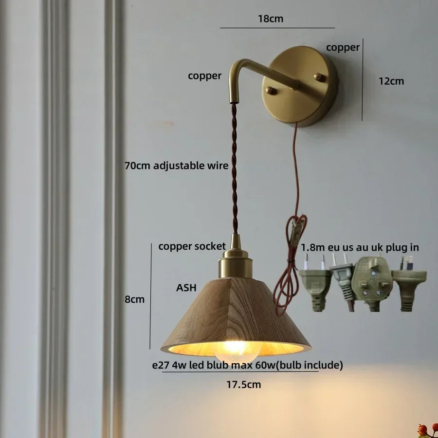 DecorBites™ Ash Wood LED Wall Lamp with Pull Chain Switch for Home Decor