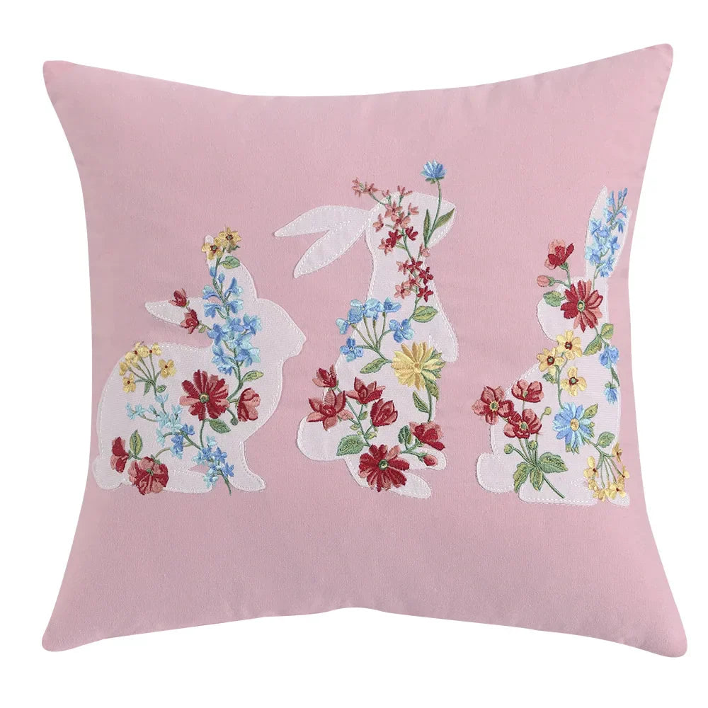 DecorBites™ Bunny Cushion Cover Pink White Floral Embroidered Easter Home Sofa Decoration