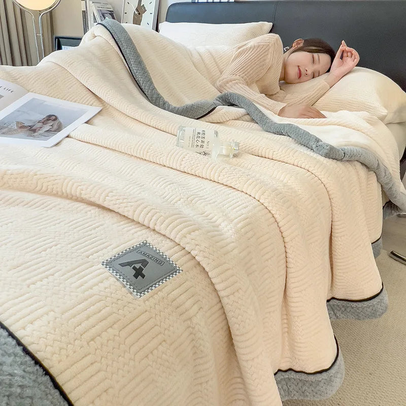 DecorBites™ Cozy Jacquard Plush Blanket - Soft Coral Fleece - All-Season - European Solid Stripes