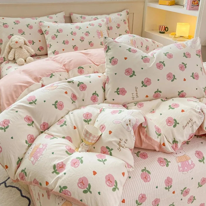 DecorBites™ Cartoon Cat Floral Duvet Cover Set - Pink Kids Girls Bedroom Decor