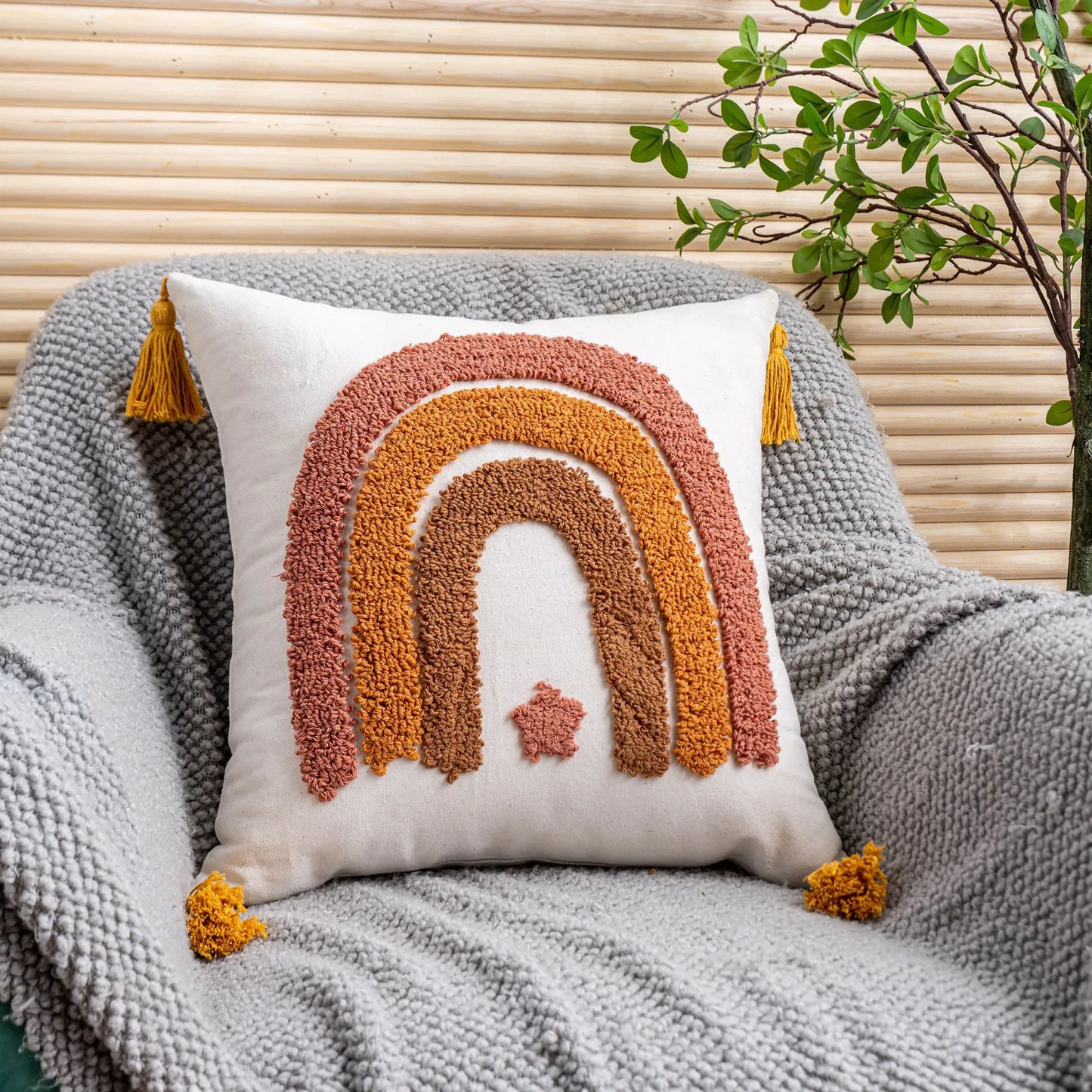 DecorBites™ Boho Yellow Rainbow Star Moon Tassel Cushion Cover 45x45cm
