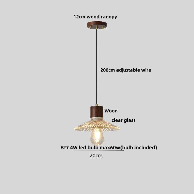 DecorBites™ Clear Glass LED Pendant Light Fixture Wood Hanging Lamp