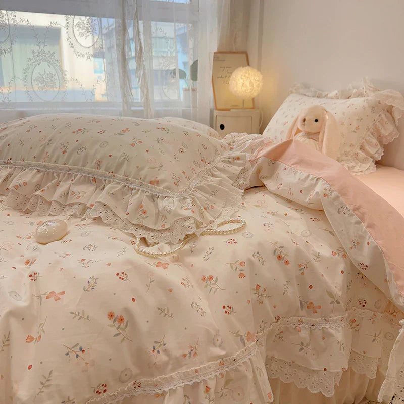 DecorBites™ Korean Princess Style Floral Lace Ruffles Bedding Set with Pillowcase