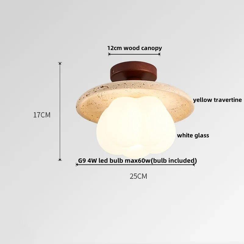 DecorBites™ Acrylic LED Ceiling Lamp Yellow Travertine Wood Canopy Wabi Sabi Style