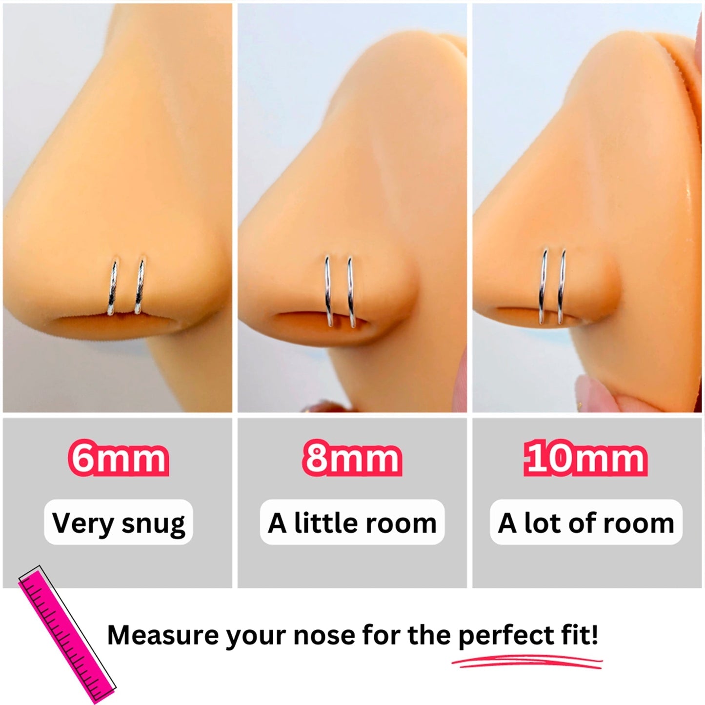 3Pack Double Hoop Nose 14k Gold Filled and 925 Silver Spiral Nose Rings 20G 8mm Right