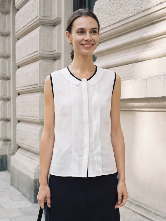 Linen-Lyocell Contrast Trim Pleated Sleeveless Top JUNIPER