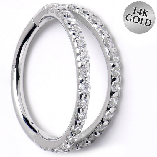 16G 3/8 Solid 14K White Gold Clear CZ Gem Hinged Segment Ring