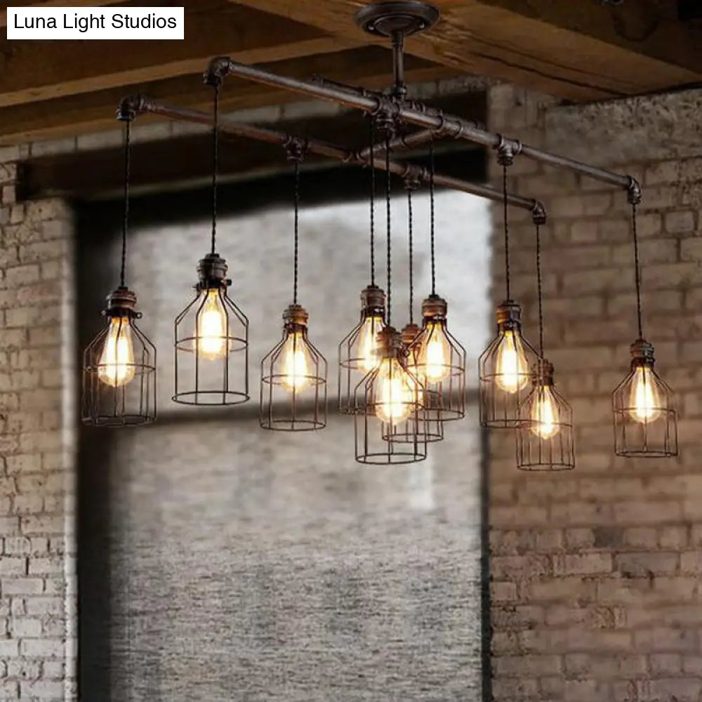 DecorBites™ Aged Silver 6/10 Bulbs Industrial Cage Iron Pendant Light with Double Pipe Rod - Island Hanging Lamp Fixture
