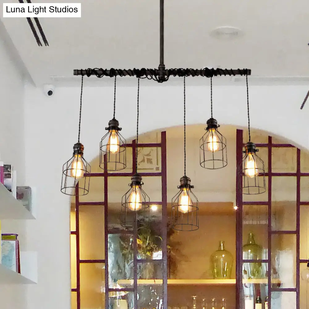 DecorBites™ Aged Silver 6/10 Bulbs Industrial Cage Iron Pendant Light with Double Pipe Rod - Island Hanging Lamp Fixture