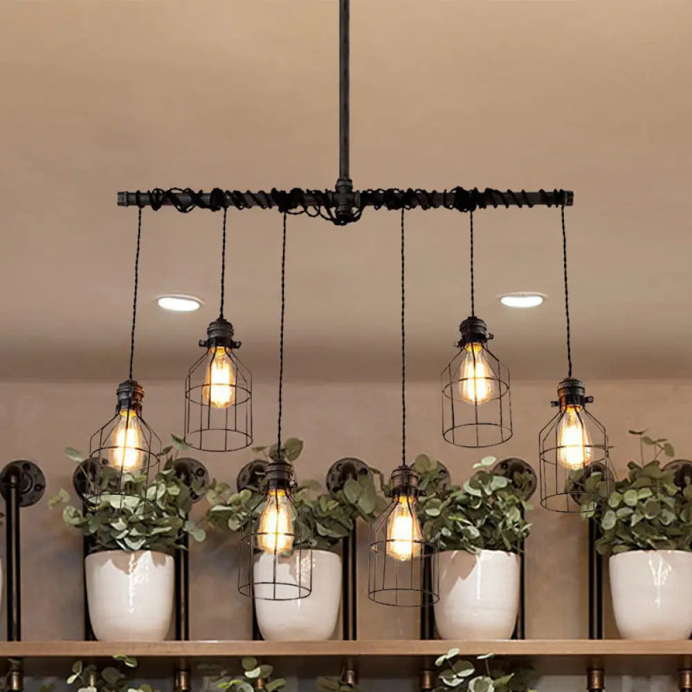 DecorBites™ Aged Silver 6/10 Bulbs Industrial Cage Iron Pendant Light with Double Pipe Rod - Island Hanging Lamp Fixture