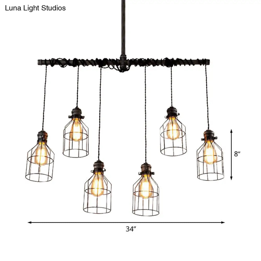 DecorBites™ Aged Silver 6/10 Bulbs Industrial Cage Iron Pendant Light with Double Pipe Rod - Island Hanging Lamp Fixture