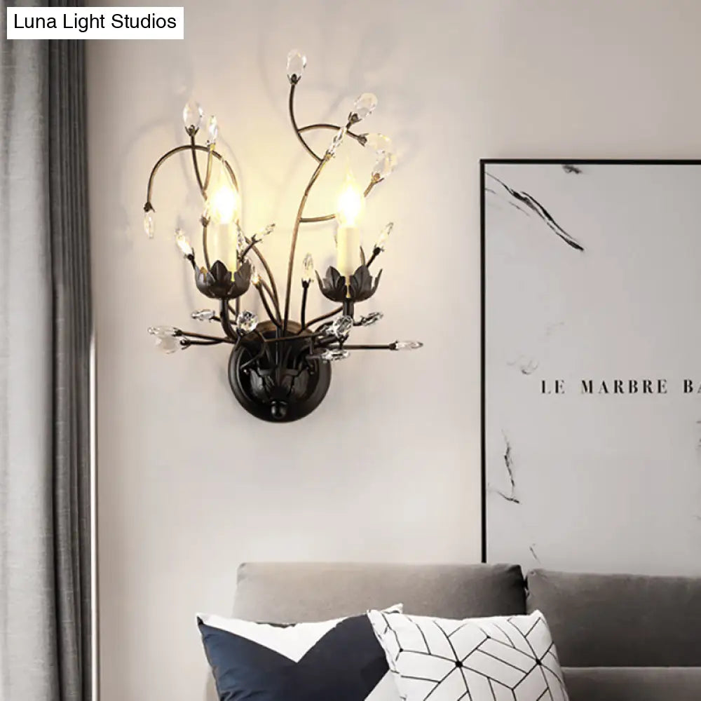 DecorBites™ Antique Metal Wall Sconce with Crystal Accents - Elegant Black Flower Design, 2 Lights - Perfect for Living Room