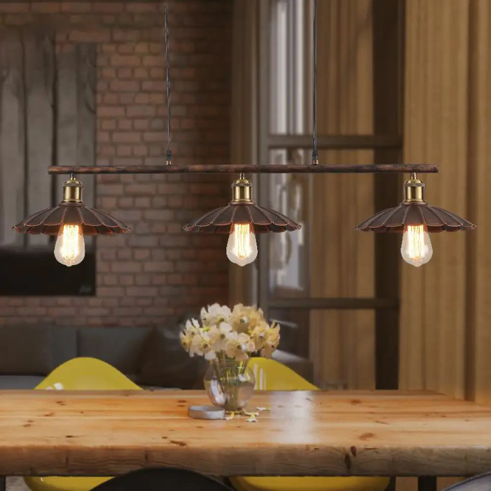DecorBites™ Antique Style Metal Island Light with Scalloped Edges - Rustic 3-Head Pendant Lighting for Dining Table