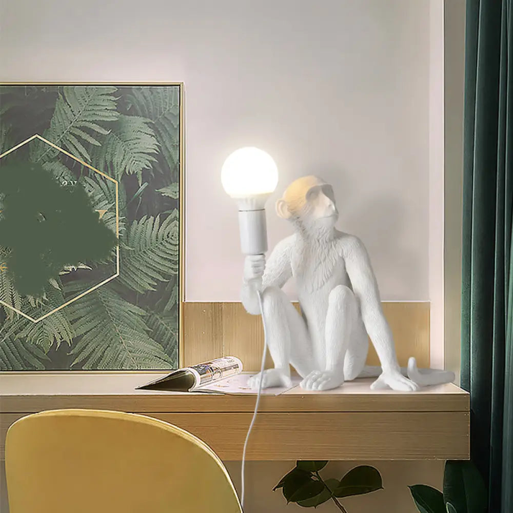 DecorBites™ Art Deco 1-Head White Monkey Table Lamp - Stylish Resin Nightstand Light with Unique Shadeless Design