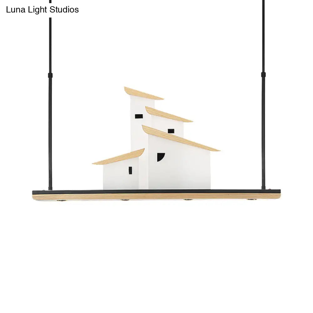 DecorBites™ Art Deco Island Pendant Ceiling Light, LED Metal Fixture in White with Wood Bracket - Warm/White Light