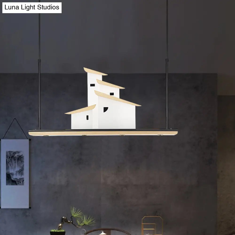 DecorBites™ Art Deco Island Pendant Ceiling Light, LED Metal Fixture in White with Wood Bracket - Warm/White Light