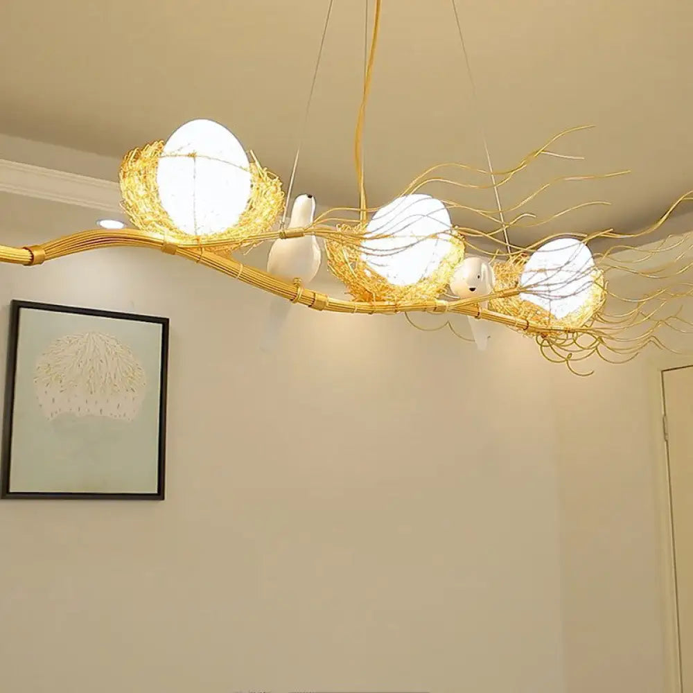DecorBites™ Artistic 3-Light Beige Nest and Egg Island Pendant with Cream Glass Shade
