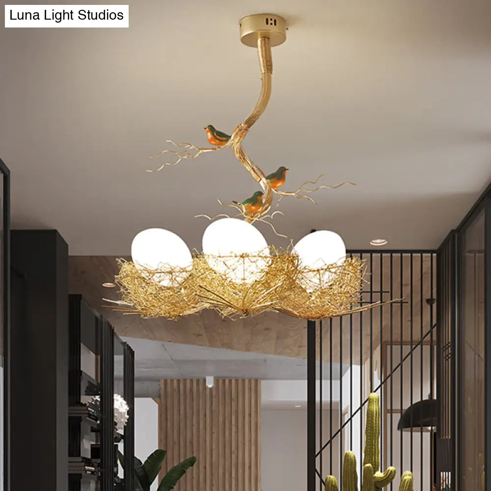 DecorBites™ Artistry Milk White Glass Ball Chandelier Pendant 1/2/3-Light Golden Hanging Lamp with Birds and Hand Sewn Aluminum Nest