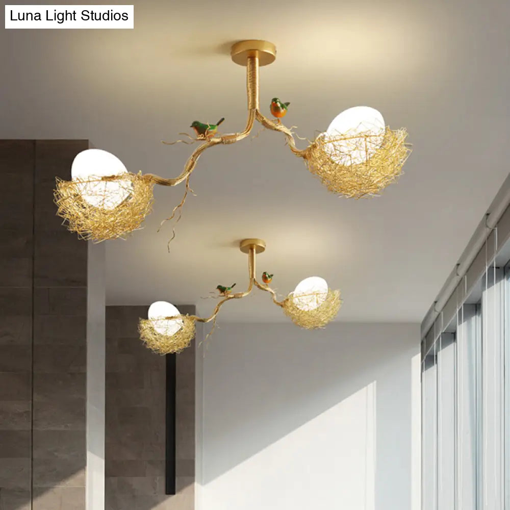 DecorBites™ Artistry Milk White Glass Ball Chandelier Pendant with Birds and Hand-Sewn Aluminum Nest - 1/2/3-Light Golden Hanging Lamp