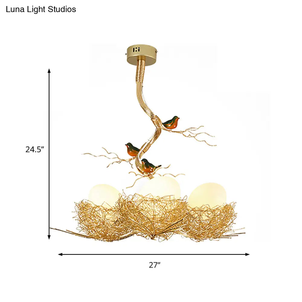 DecorBites™ Artistry Milk White Glass Ball Chandelier Pendant with Birds and Hand-Sewn Aluminum Nest - 1/2/3-Light Golden Hanging Lamp