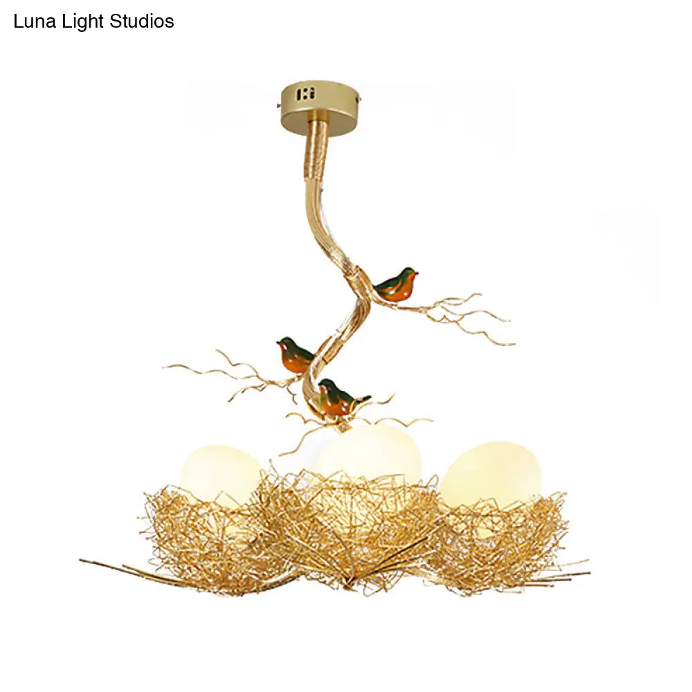 DecorBites™ Artistry Milk White Glass Ball Chandelier Pendant with Birds and Hand-Sewn Aluminum Nest - 1/2/3-Light Golden Hanging Lamp