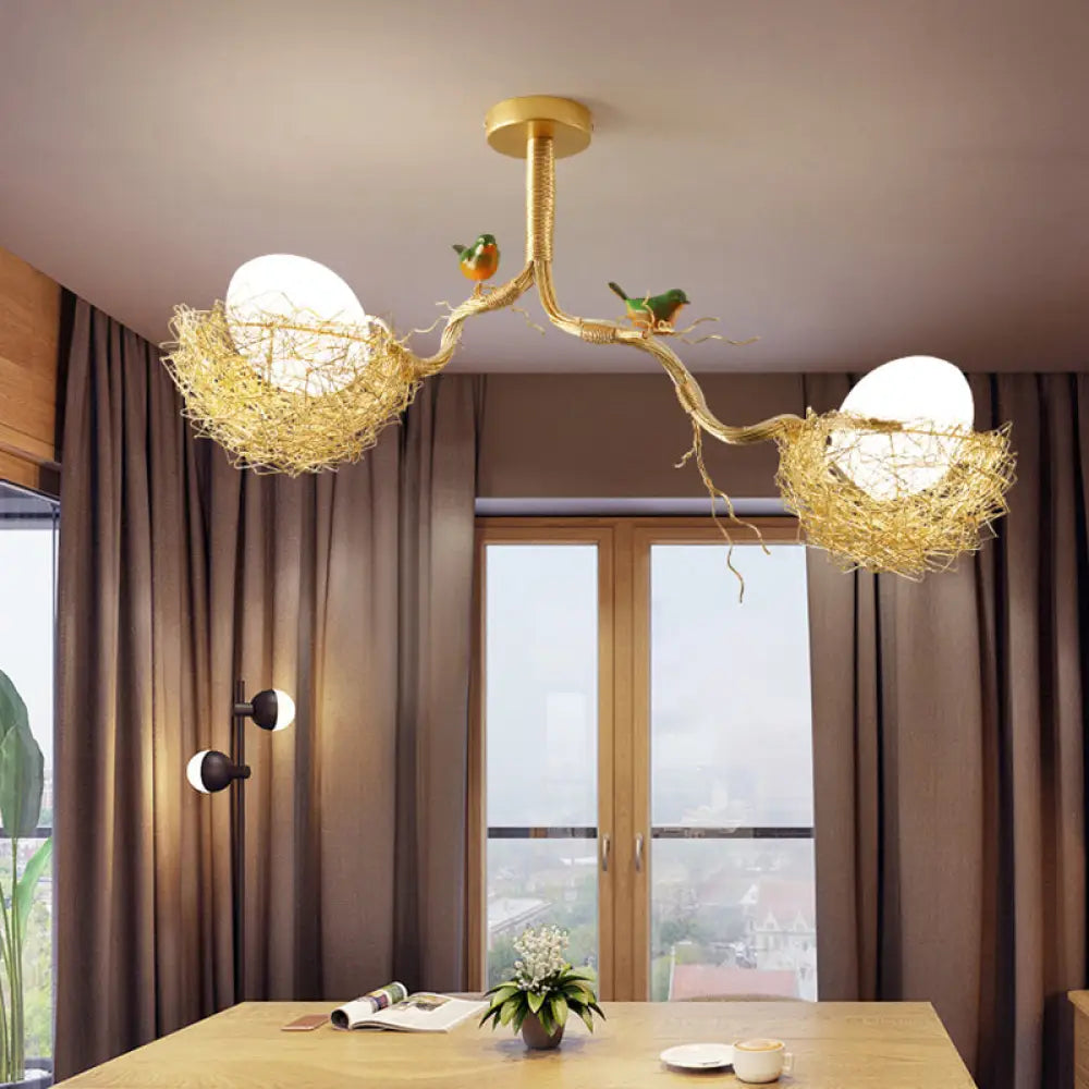 DecorBites™ Artistry Milk White Glass Ball Chandelier Pendant with Birds and Hand-Sewn Aluminum Nest - 1/2/3-Light Golden Hanging Lamp