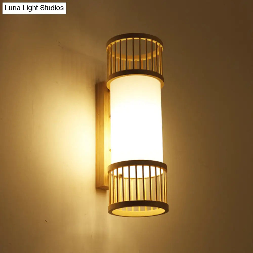 DecorBites™ Asian Bamboo Cylinder Shade Wall Sconce Light in Beige - Stylish 1-Head Wall Lamp for Stairway