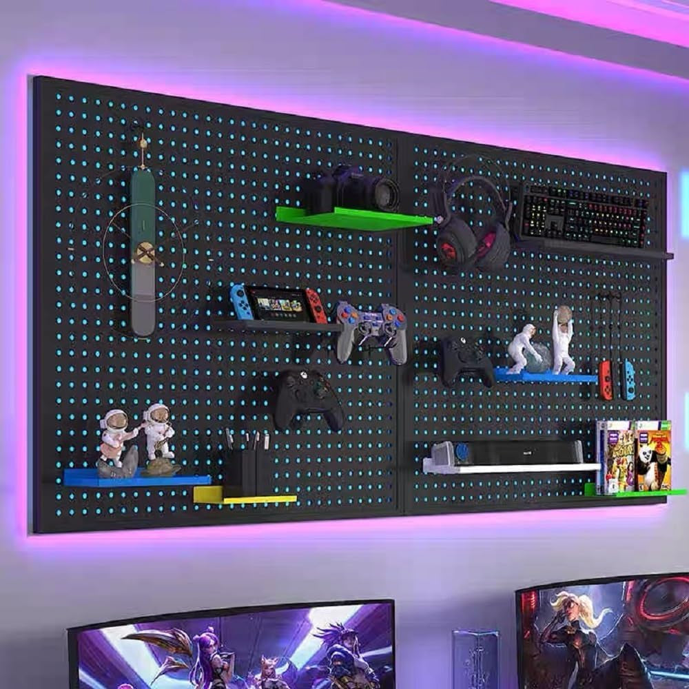 RGB Pegboard Wall Organizer with Smart IC LED Strip Lights, 2-Pack 12 x 24 Inch Heavy Duty Metal Peg Board with Hooks, DIY Gaming Room Setup Wall Mount Storage System