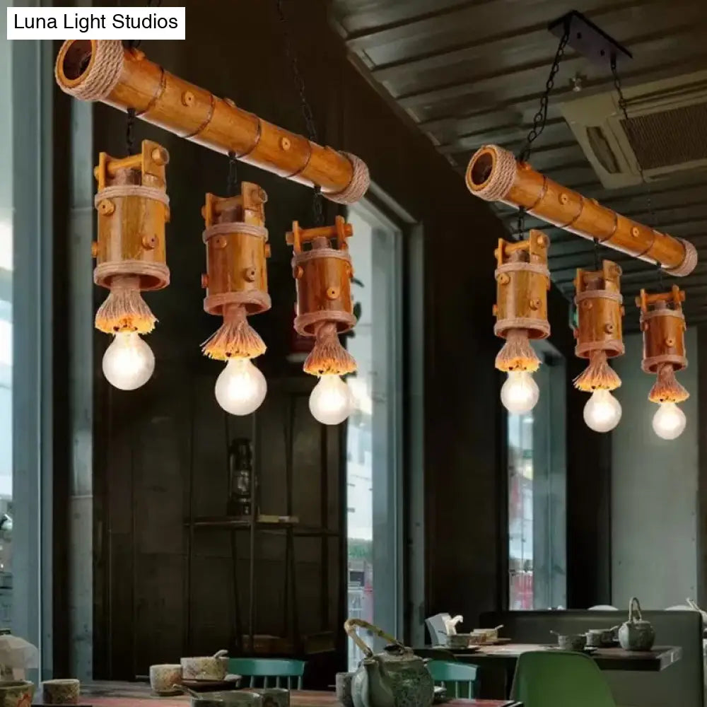 DecorBites™ Bamboo Chinese Bucket Pendant Lamp - Countryside 3-Bulb Island Light Fixture in Brown with Rope Accent
