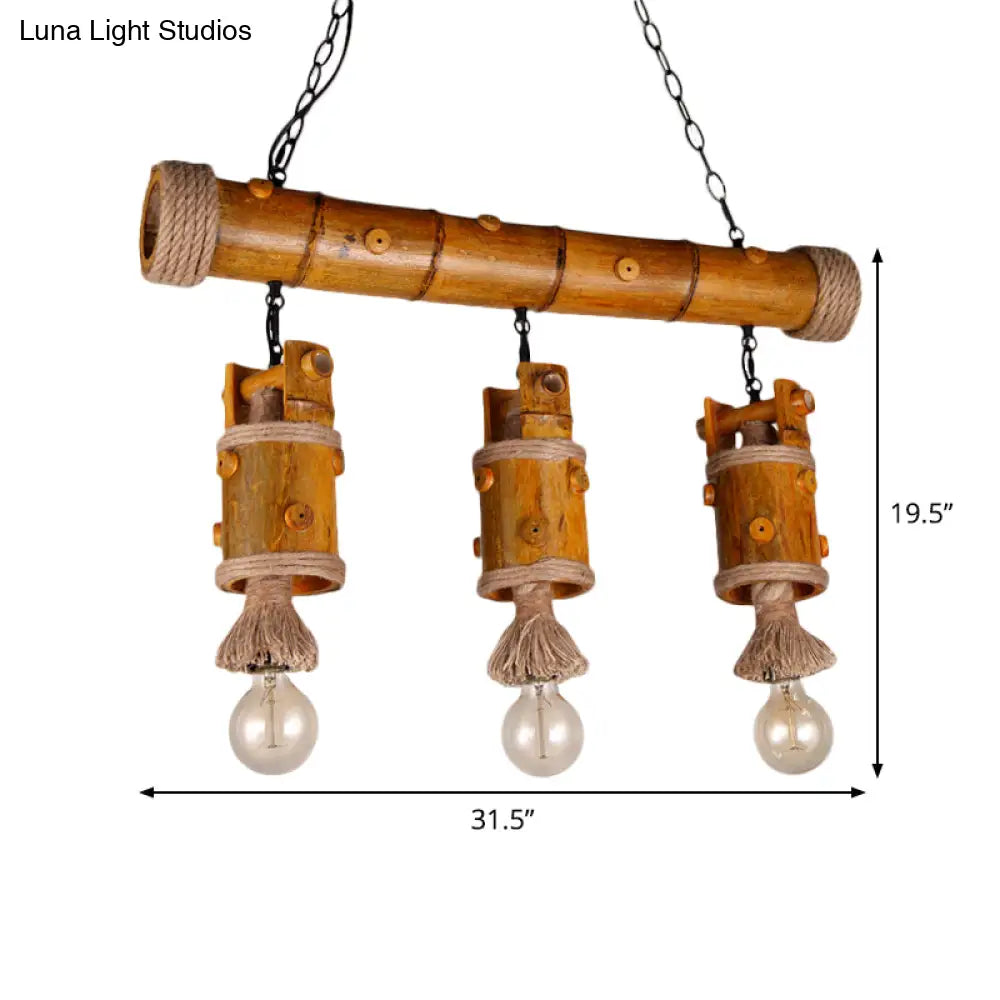 DecorBites™ Bamboo Chinese Bucket Pendant Lamp - Countryside 3-Bulb Island Light Fixture in Brown with Rope Accent