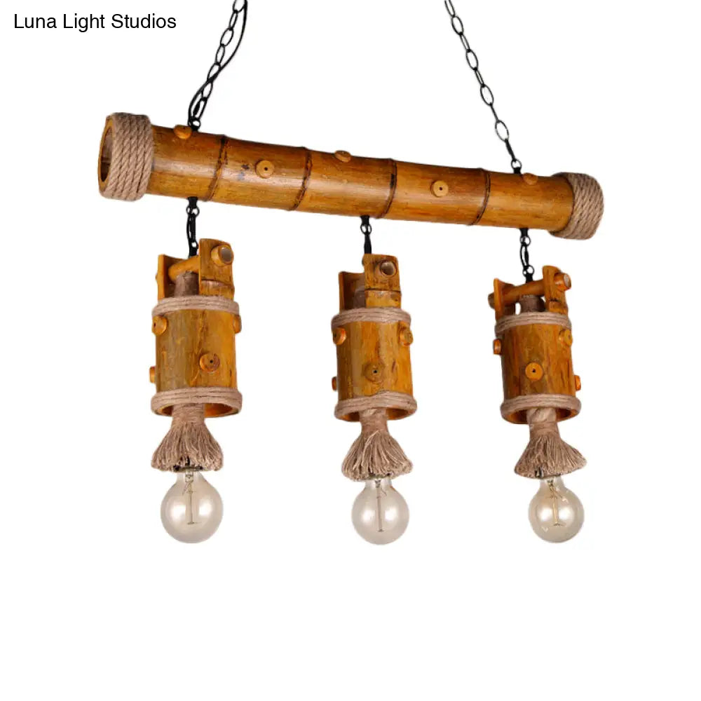 DecorBites™ Bamboo Chinese Bucket Pendant Lamp - Countryside 3-Bulb Island Light Fixture in Brown with Rope Accent
