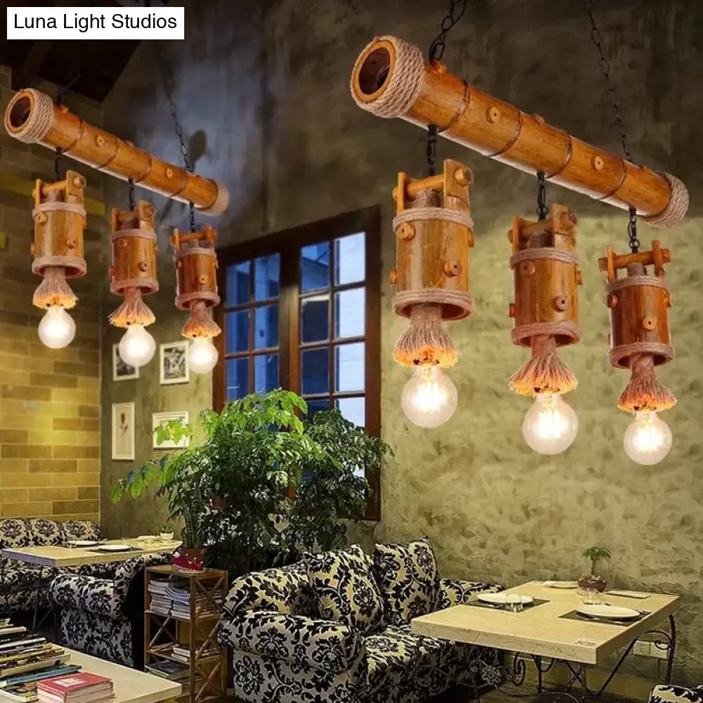 DecorBites™ Bamboo Chinese Bucket Pendant Lamp - Countryside 3-Bulb Island Light Fixture in Brown with Rope Accent