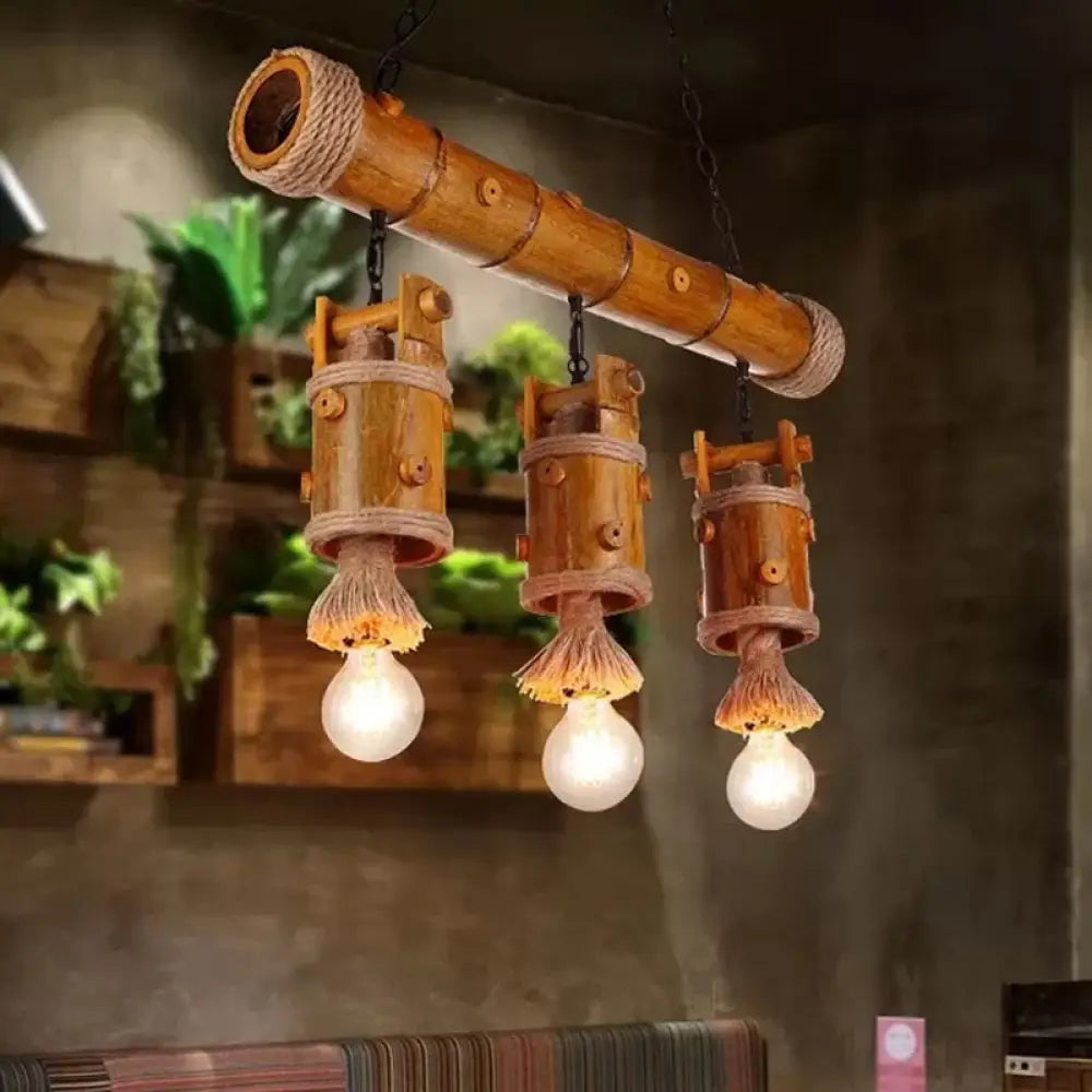 DecorBites™ Bamboo Chinese Bucket Pendant Lamp - Countryside 3-Bulb Island Light Fixture in Brown with Rope Accent