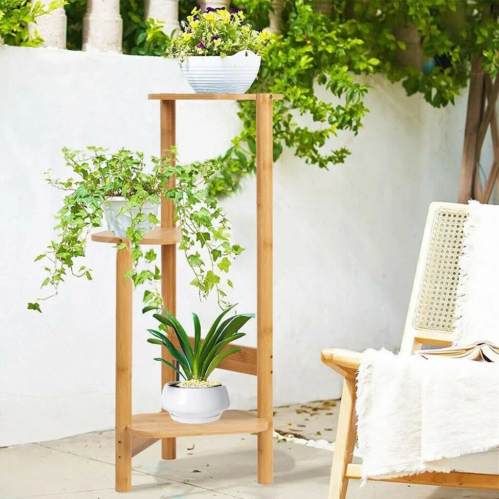DecorBites™ Bamboo Corner Plant Stand for Garden Balcony