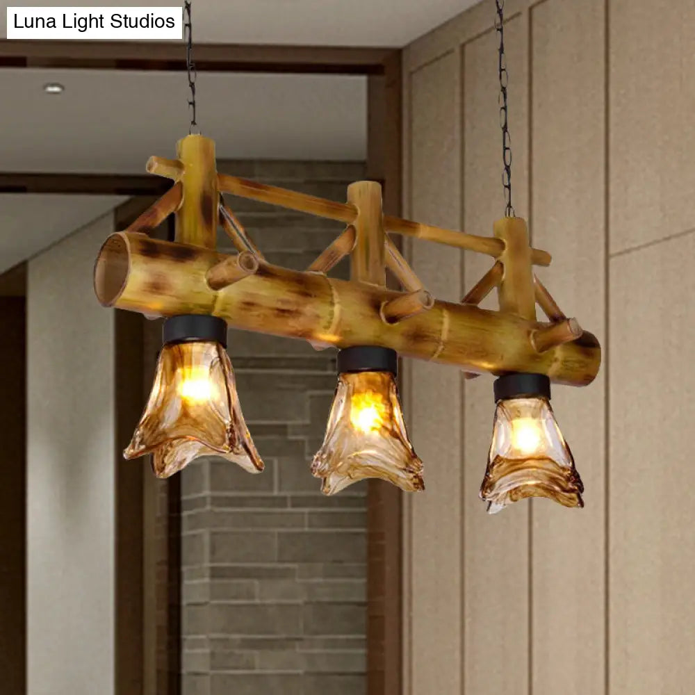 DecorBites™ Bamboo Lodge Flared Pendant Light with 2 Amber Glass Shades - Island Lighting