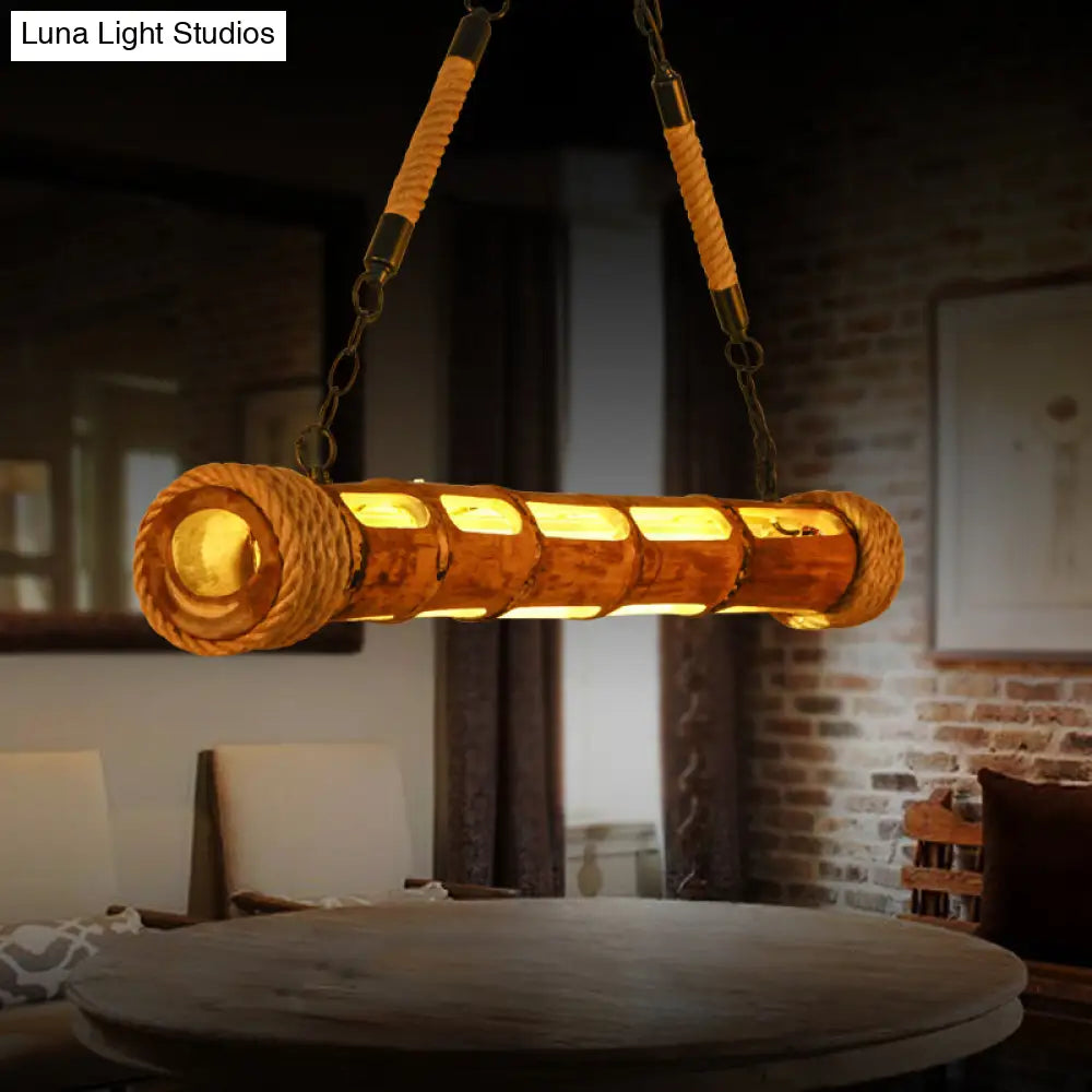 DecorBites™ Bamboo Pole LED Suspension Light - Lodge Style Dining Room Island Lamp in Wood