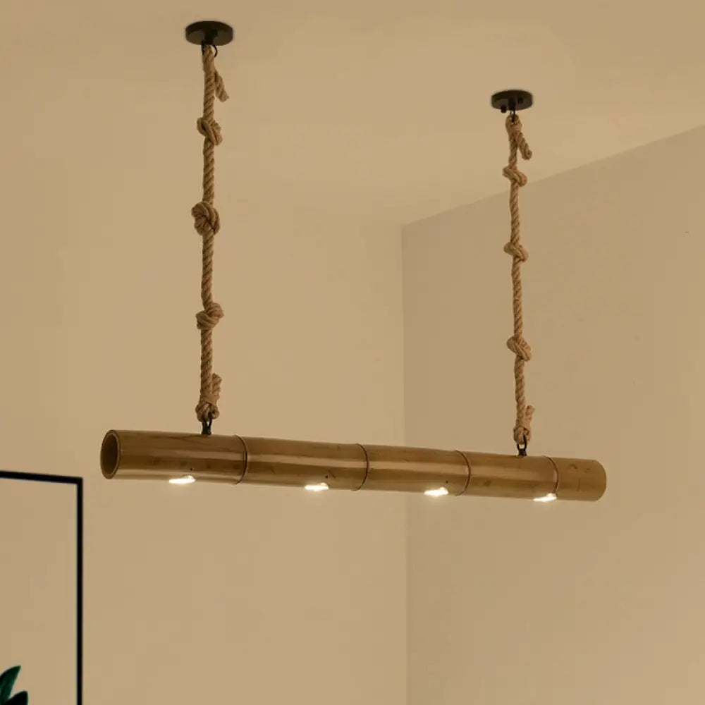 DecorBites™ Bamboo Tube Island Lighting - Farmhouse Pendant Light with 4 Bulbs, Yellow and Brown, Rope Included
