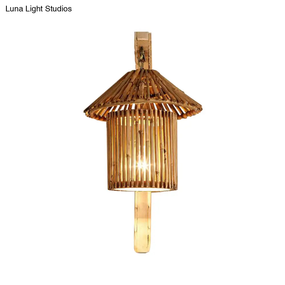 DecorBites™ Bamboo Wall Lamp: Wood Cylinder/House/Teapot Sconce Light Fixture with Curved Arm