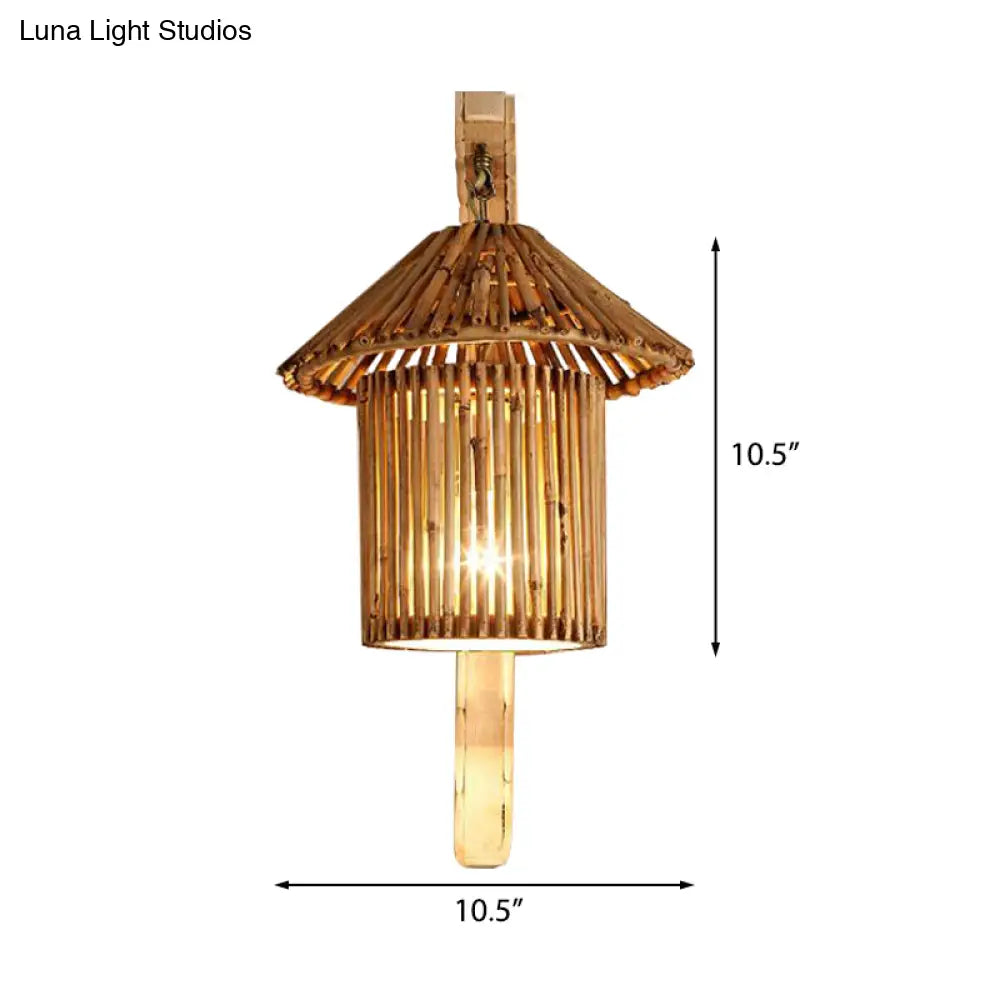DecorBites™ Bamboo Wall Lamp: Wood Cylinder/House/Teapot Sconce Light Fixture with Curved Arm