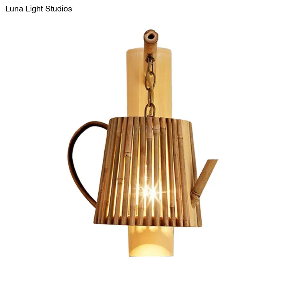 DecorBites™ Bamboo Wall Lamp: Wood Cylinder/House/Teapot Sconce Light Fixture with Curved Arm