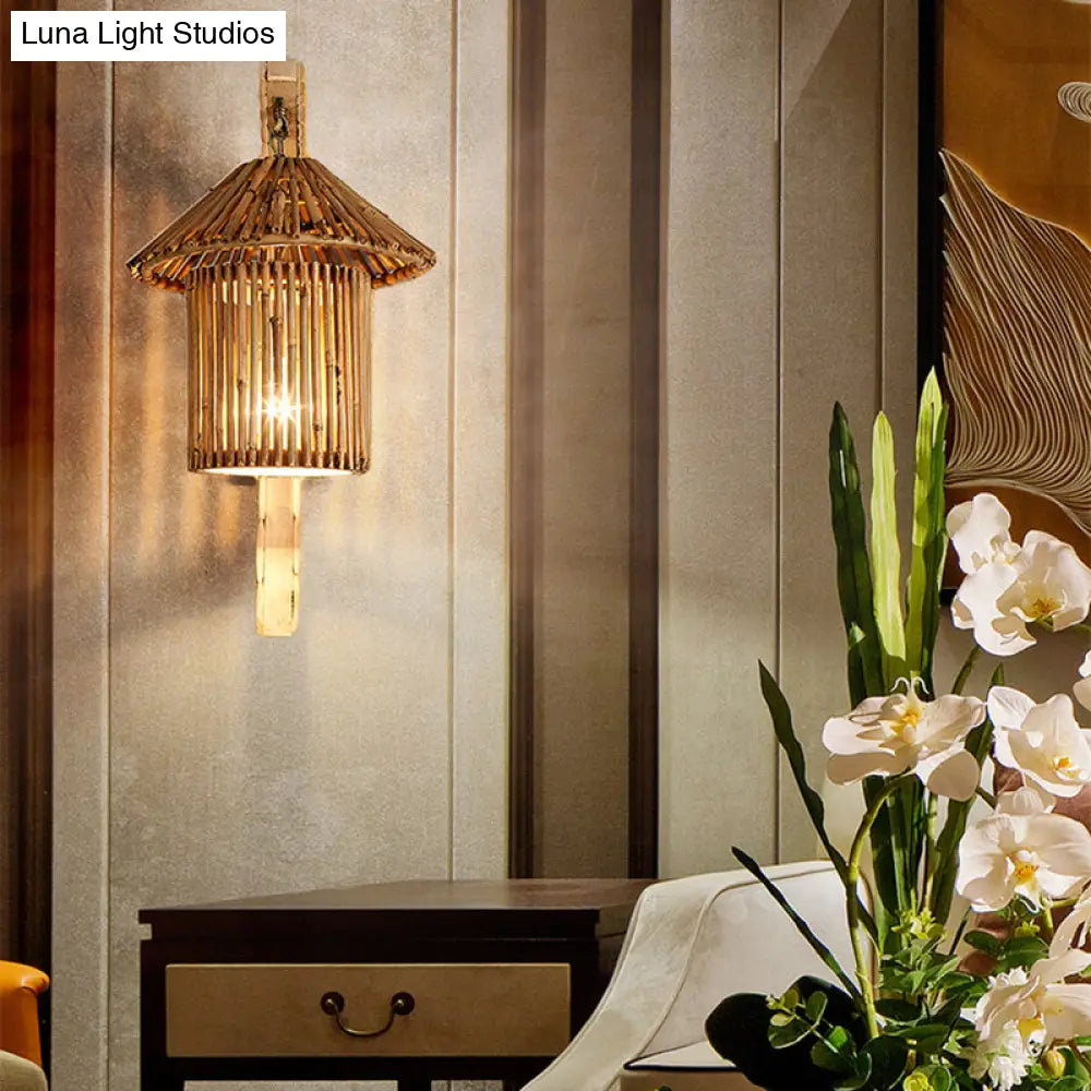 DecorBites™ Bamboo Wall Lamp: Wood Cylinder/House/Teapot Sconce Light Fixture with Curved Arm