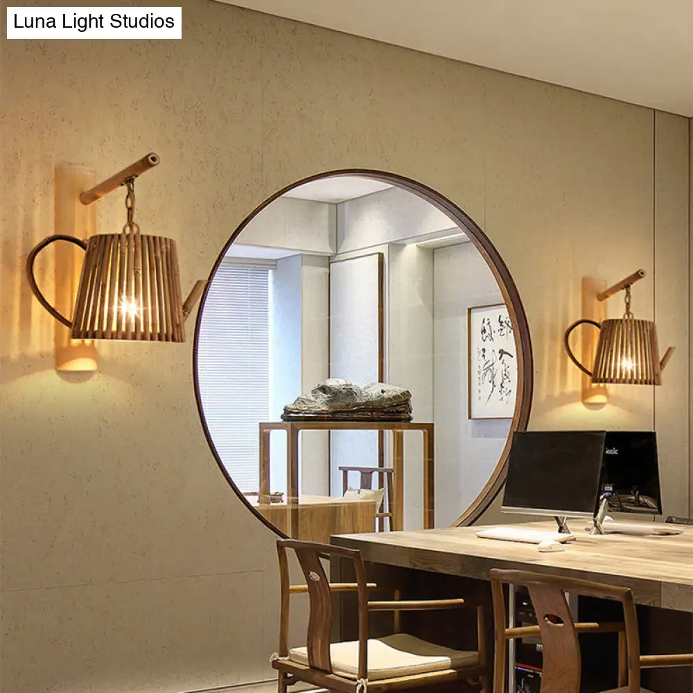 DecorBites™ Bamboo Wall Lamp: Wood Cylinder/House/Teapot Sconce Light Fixture with Curved Arm