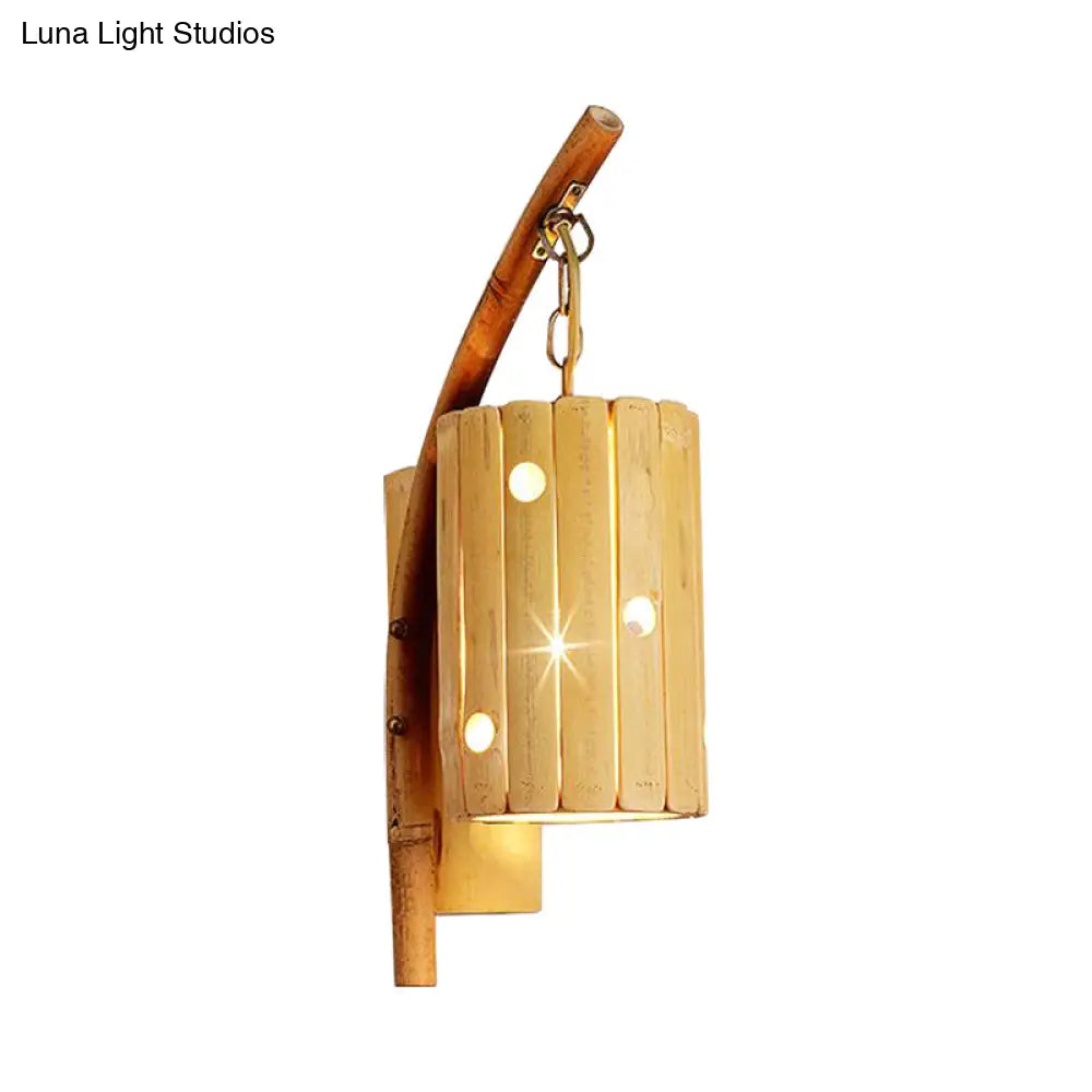 DecorBites™ Bamboo Wall Lamp: Wood Cylinder/House/Teapot Sconce Light Fixture with Curved Arm