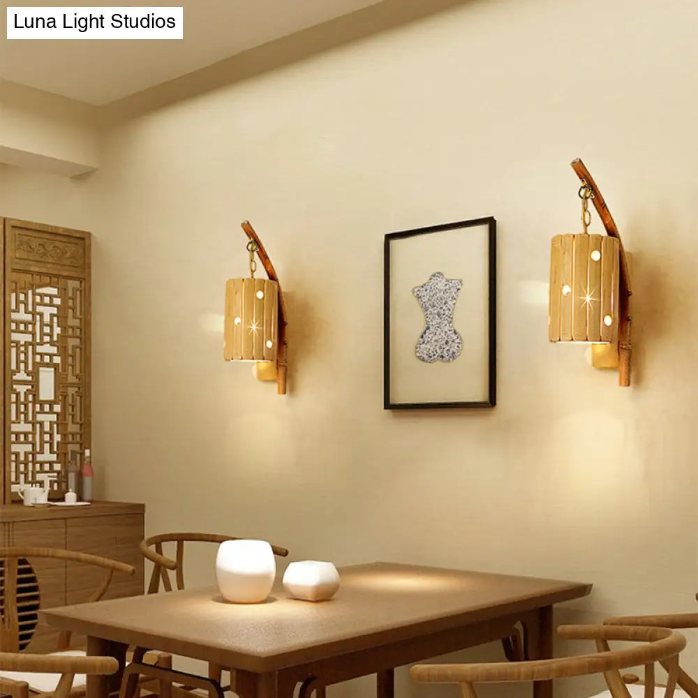 DecorBites™ Bamboo Wall Lamp: Wood Cylinder/House/Teapot Sconce Light Fixture with Curved Arm