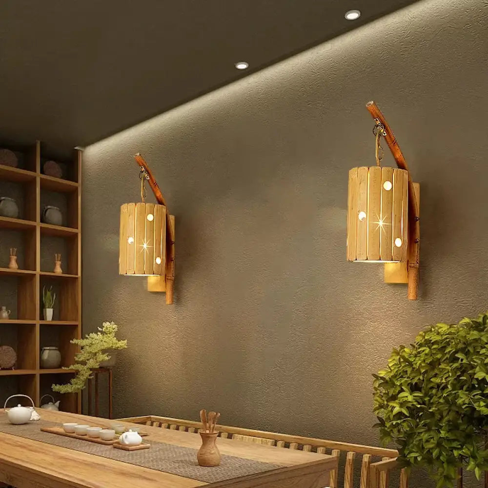 DecorBites™ Bamboo Wall Lamp: Wood Cylinder/House/Teapot Sconce Light Fixture with Curved Arm
