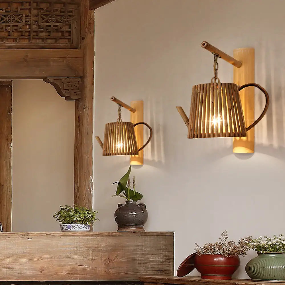 DecorBites™ Bamboo Wall Lamp: Wood Cylinder/House/Teapot Sconce Light Fixture with Curved Arm