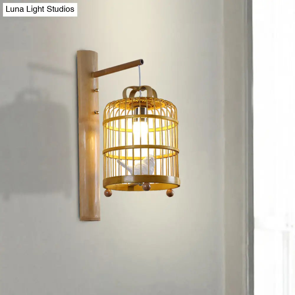 DecorBites™ Bamboo Wall Mount Sconce Lamp with Asian Flair - Wood Cage Design, 1 Bulb, White Bird Deco
